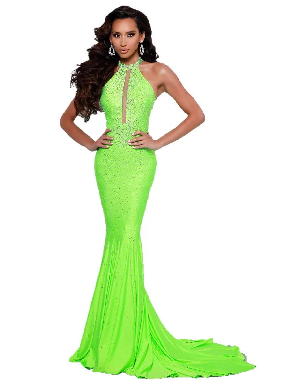 Johnathan Kayne 2037 Size 10 Lime Sheer High Neck Prom Dress Pageant Gown Formal
