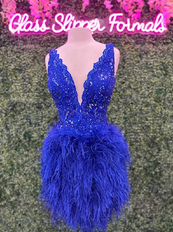 Johnathan Kayne 2314 size 10 Royal Cocktail Dress Lace V Neckline Full Feather Short Skirt Johnathan Kayne 2314 size 10 Royal Cocktail Dress Lace V Neckline Full Feather Short Skirt