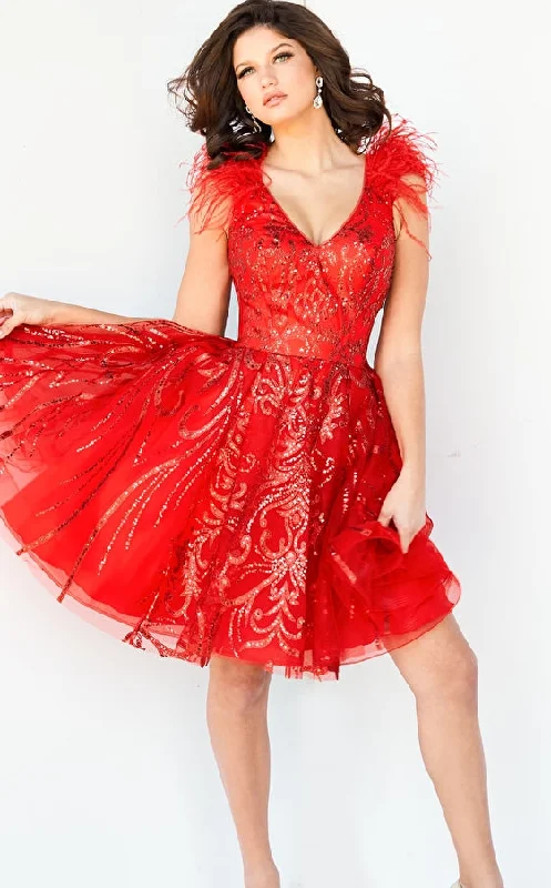 Jovani 09466 Size 14 Red Short Fit & Flare Feather Cocktail Dress Formal Glitter V Neck Gown Jovani 09466 Size 14 Red Short Fit & Flare Feather Cocktail Dress Formal Glitter V Neck Gown