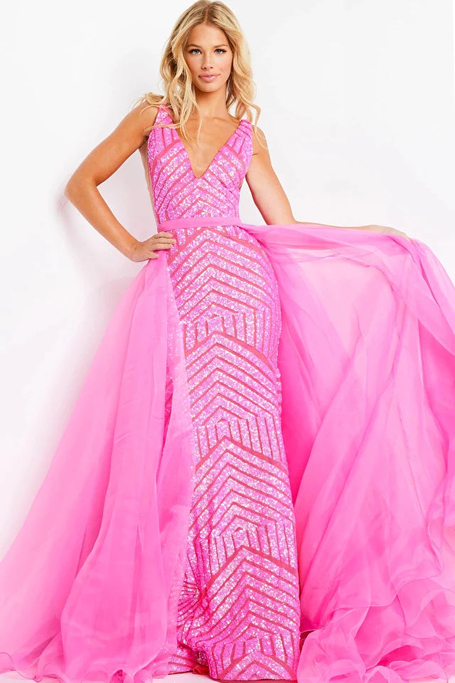 Jovani 25833 Size 12 Hot Pink Long Fitted Sequin Mermaid Pageant Dress Detachable Overskirt Pageant Gown Jovani 25833 Size 12 Hot Pink Long Fitted Sequin Mermaid Pageant Dress Detachable Overskirt Pageant Gown