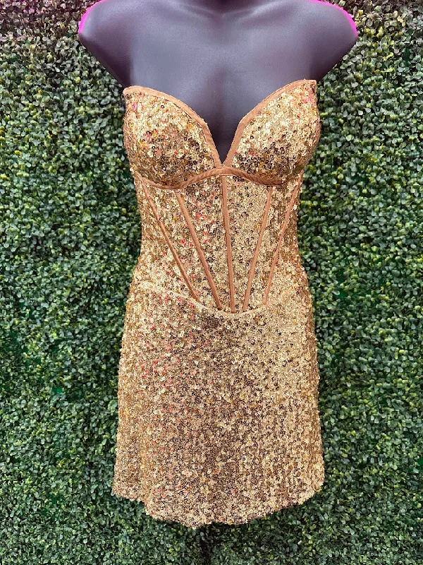 Jovani 25957 Size 2 Gold Sequin Cocktail Dress Strapless V-Neck Corset Bodice Homecoming Dress Jovani 25957 Size 2 Gold Sequin Cocktail Dress Strapless V-Neck Corset Bodice Homecoming Dress
