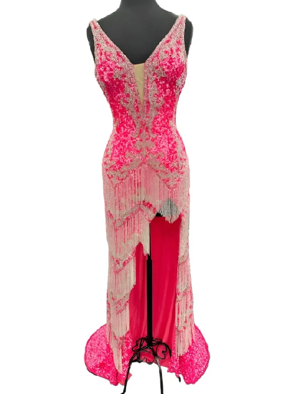 Jovani 38847 Size 10 Hot Pink Sequin Beaded Fringe Prom Dress Pageant Dress Slit V Neck Formal Gown Jovani 38847 Size 10 Hot Pink Sequin Beaded Fringe Prom Dress Pageant Dress Slit V Neck Formal Gown