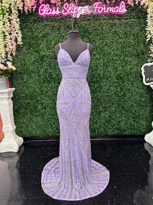 Jovani 38848 Size 4 Lilac Long Beaded Sequin Prom Dress Formal Corset Gown Pageant V Neck Tassel