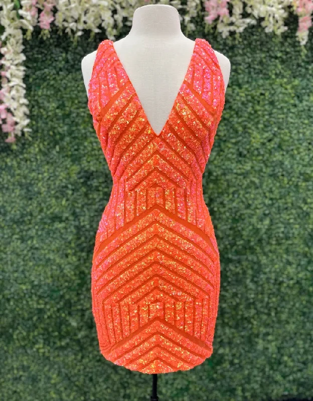 Jovani 63899 Size 0, 6 Neon Orange Short Sequin Cocktail Fitted Homecoming Dress V Neck Sheer Jovani 63899 Size 0, 6 Neon Orange Short Sequin Cocktail Fitted Homecoming Dress V Neck Sheer