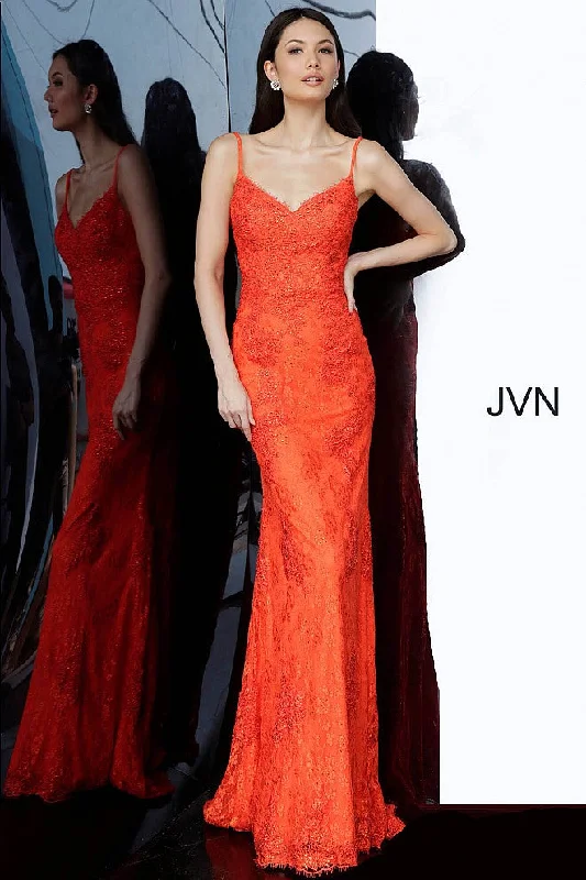 Jovani JVN02013 Size 14 Orange/Red Long Fitted Lace Prom Dress Evening Gown