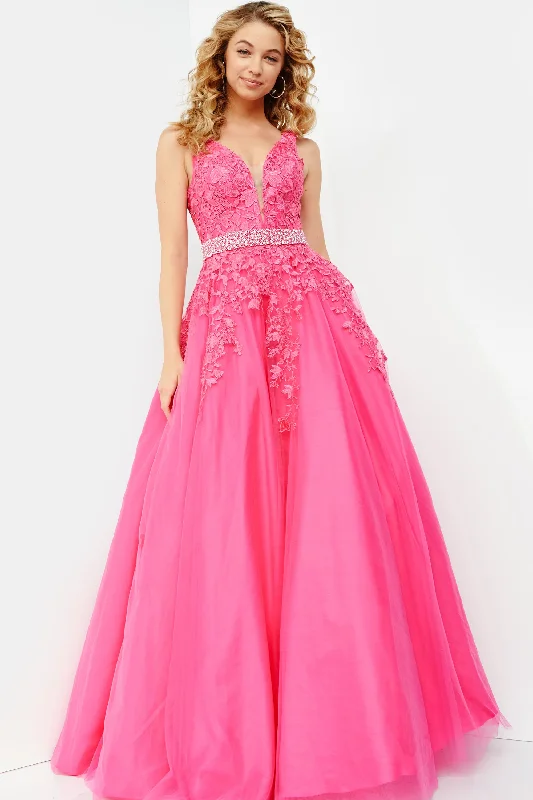 Jovani JVN68258 Size 0, 14 Hot Pink Long A Line Lace Prom Ballgown Dress Formal Plunging Neckline Jovani JVN68258 Size 0, 14 Hot Pink Long A Line Lace Prom Ballgown Dress Formal Plunging Neckline