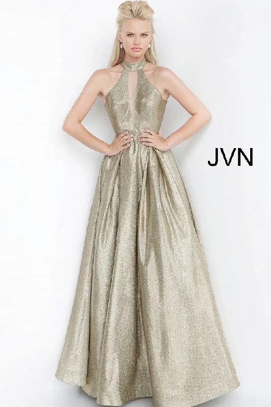 Jovani JVN2368 Size 14 Bronze/Silver Metallic A Line Prom Dress Pockets Ballgown High Neckline Jovani JVN2368 Size 14 Bronze/Silver Metallic A Line Prom Dress Pockets Ballgown High Neckline
