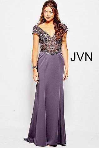 Jovani JVN 53185 Size 12 Charcoal Long Sheer Lace Cap Sleeve Formal Dress Evening Gown Jovani JVN 53185 Size 12 Charcoal Long Sheer Lace Cap Sleeve Formal Dress Evening Gown