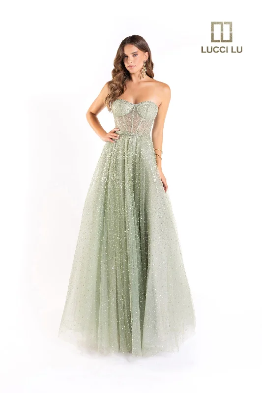 Lucci Lu 1233 Size 14 Dusty Sage Long Beaded A Line Sheer Corset Ballgown Formal Dress Prom Pageant Evening Gown Lucci Lu 1233 Size 14 Dusty Sage Long Beaded A Line Sheer Corset Ballgown Formal Dress Prom Pageant Evening Gown
