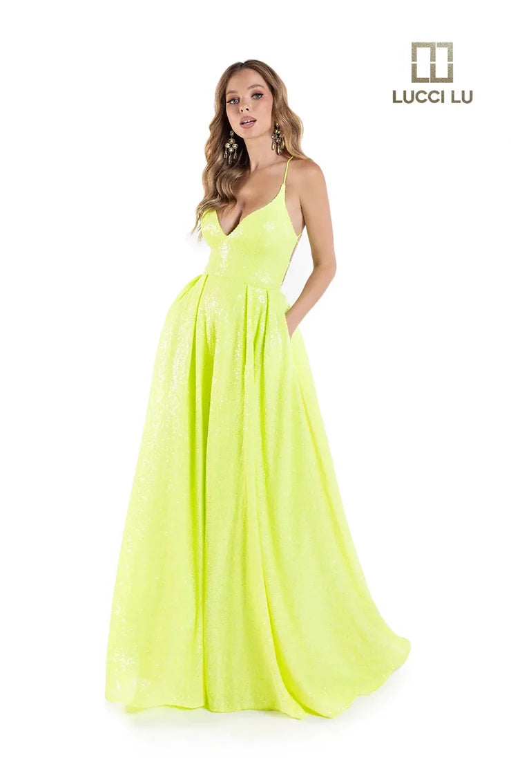 Lucci Lu 1246 Size 10 Neon Green Sequin Neon A Line Ballgown Backless Corset Prom Dress Pockets Formal Gown Lucci Lu 1246 Size 10 Neon Green Sequin Neon A Line Ballgown Backless Corset Prom Dress Pockets Formal Gown