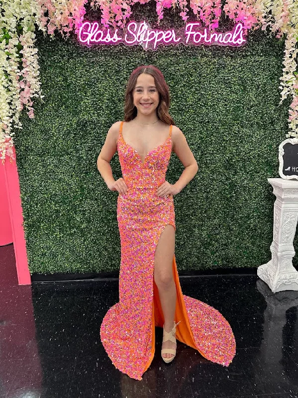 Lucci Lu 1291 Size 2 Orange Sequin High Slit Cutout Back Prom Dress Corset V Neck Formal Gown Lucci Lu 1291 Size 2 Orange Sequin High Slit Cutout Back Prom Dress Corset V Neck Formal Gown