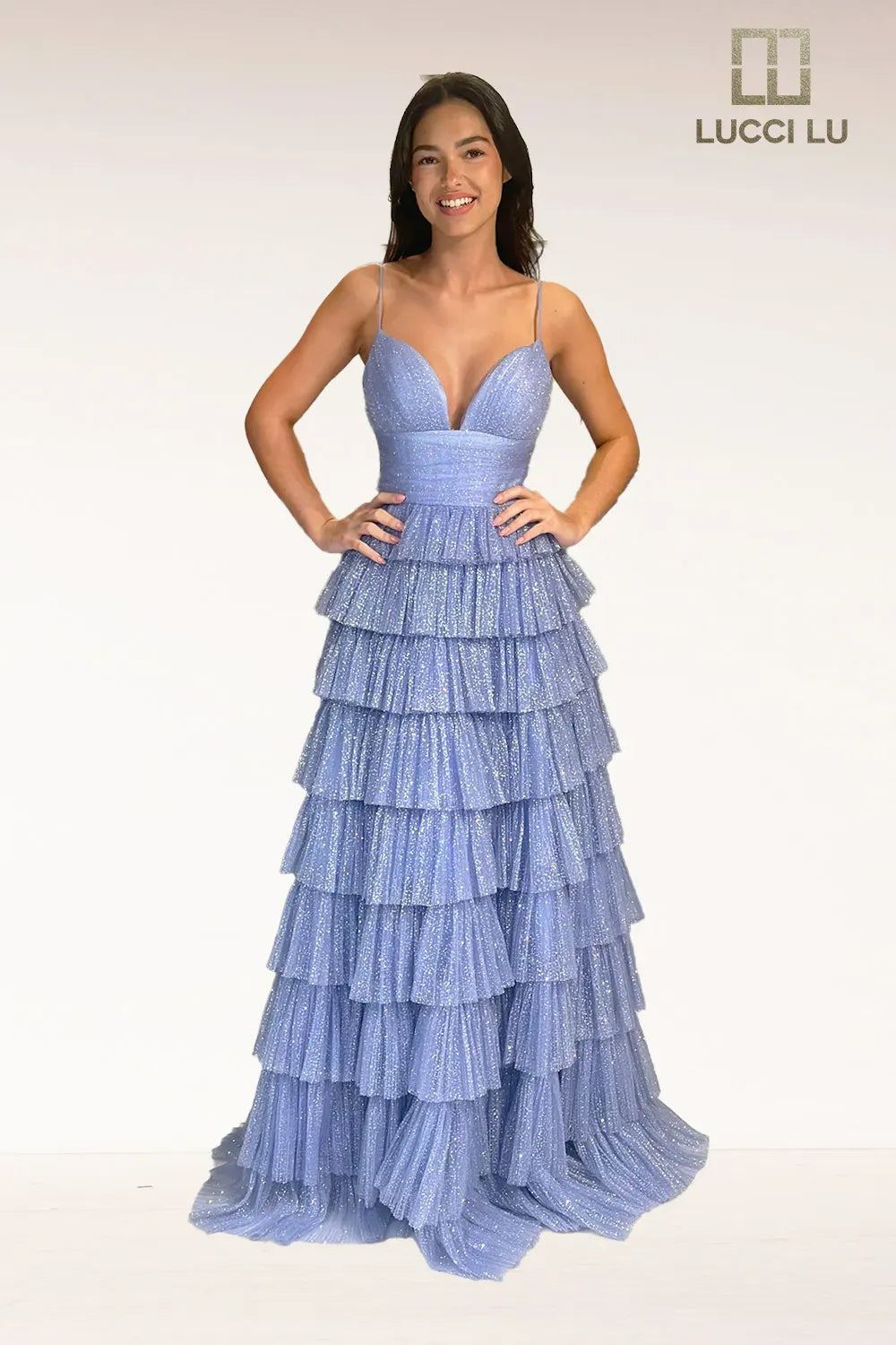 Lucci Lu 1342 Size 12 Lilac A Line Glitter Layer Tulle Prom Dress V neck Ballgown Formal Gown Ruffle Lucci Lu 1342 Size 12 Lilac A Line Glitter Layer Tulle Prom Dress V neck Ballgown Formal Gown Ruffle