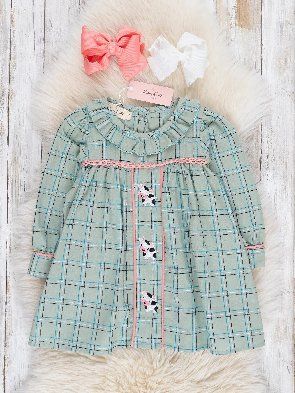 Mint Plaid Embroidered Cow Dress