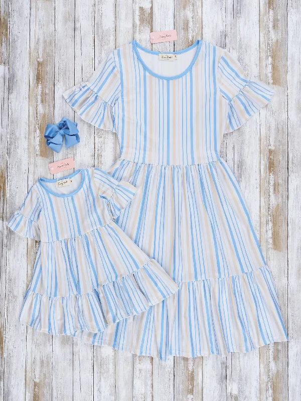 Mom & Me Cornflower Stripes Tiered Ruffle Dress