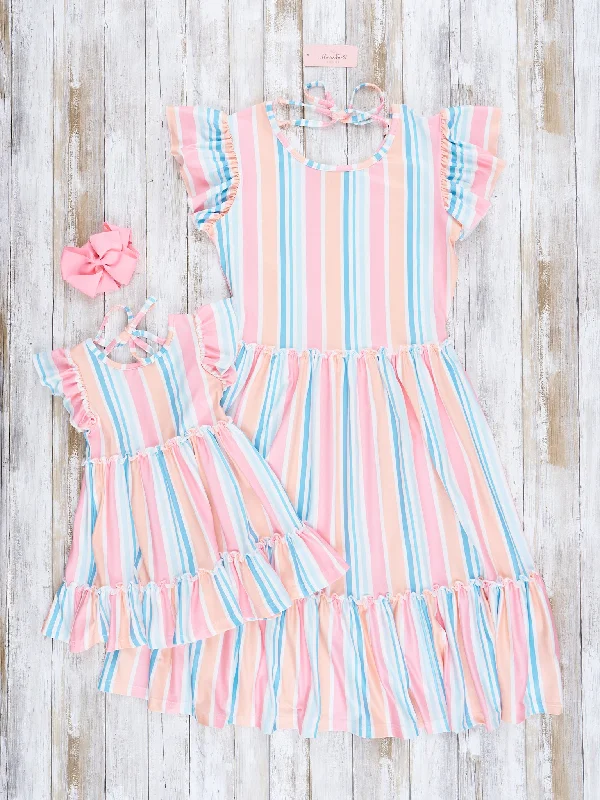 Mom & Me Teal & Coral Stripes Tiered Ruffle Dress