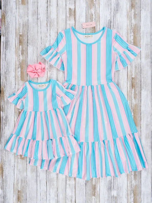 Mom & Me Teal Stripes Tiered Ruffle Dress