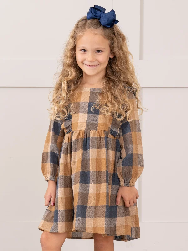 Navy & Caramel Plaid Cotton Ruffle Dress