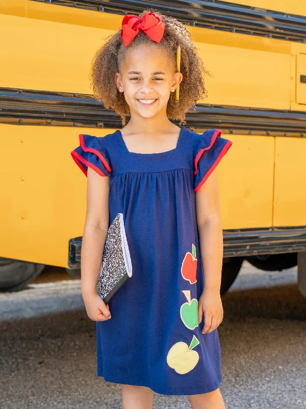 Navy Falling Apples Ruffle Dress