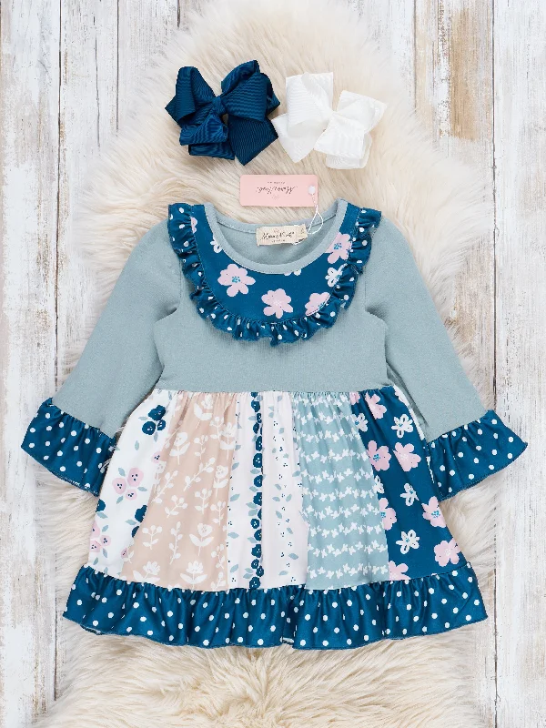 Blue Doodle Garden Ruffle Dress