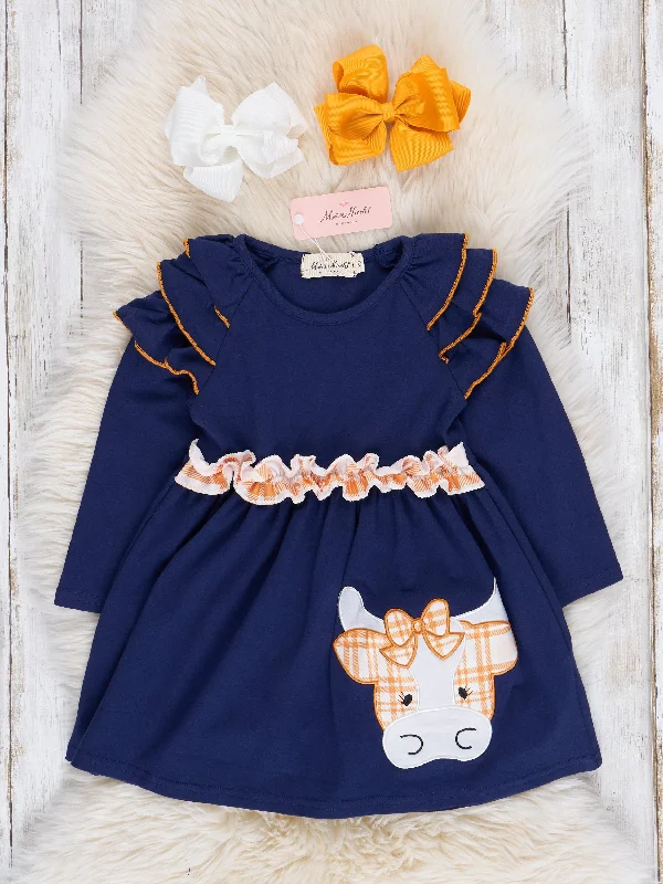 Navy & Orange Plaid Embroidered Cow Ruffle Dress