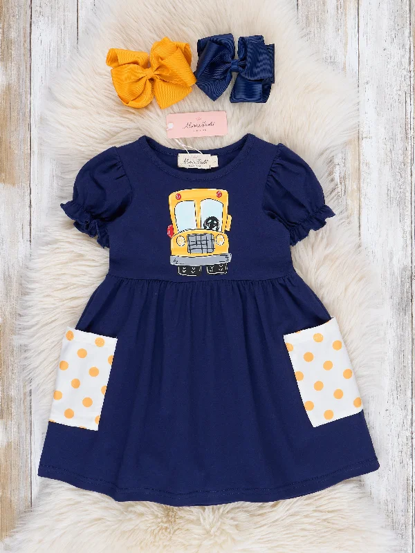Navy Wheels on the Bus Ruffle Dress
