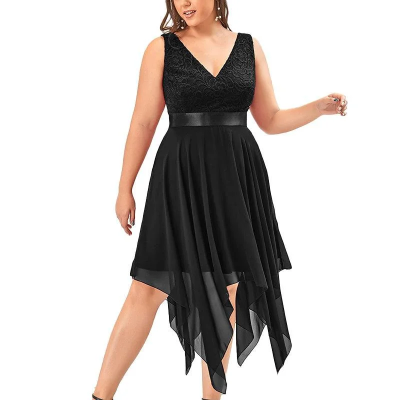 NiDELL Amazon . Spring and Summer New European and American Fashion plus Size Women Lace Patchwork Knitting Irregular Dress