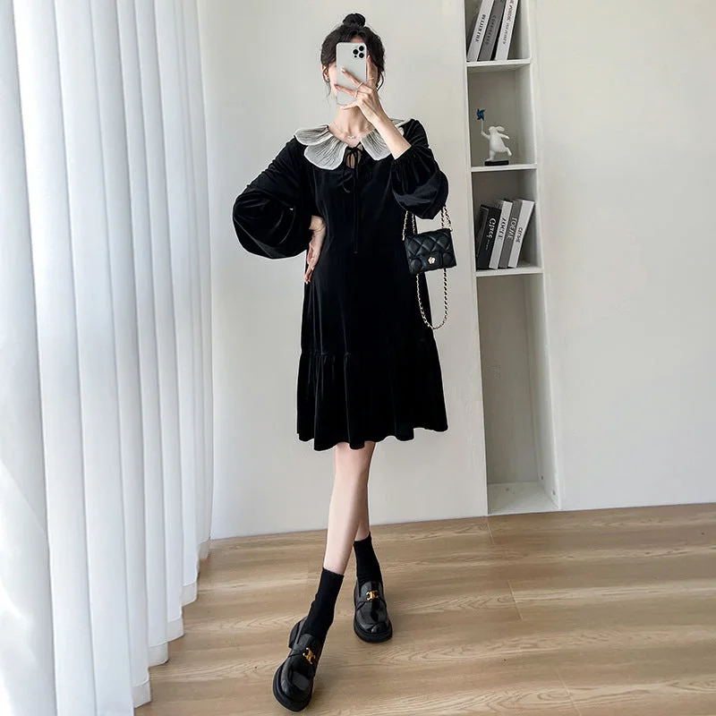 NiDELL . Autumn and Winter Clothes for Pregnant Women Loose Cute Youth-Looking Doll Collar Slimming Korean Style Pleuche Dress NiDELL . Autumn and Winter Clothes for Pregnant Women Loose Cute Youth-Looking Doll Collar Slimming Korean Style Pleuche Dress