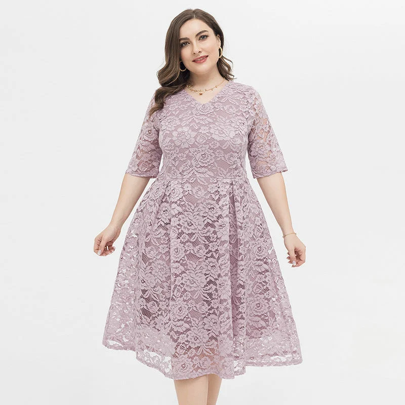 NiDELL Cross-Border Amazon European and American plus Size Women's Clothes Lace Dress Women's Mid-Length V-neck Hollow Lace Dress Large Skirt