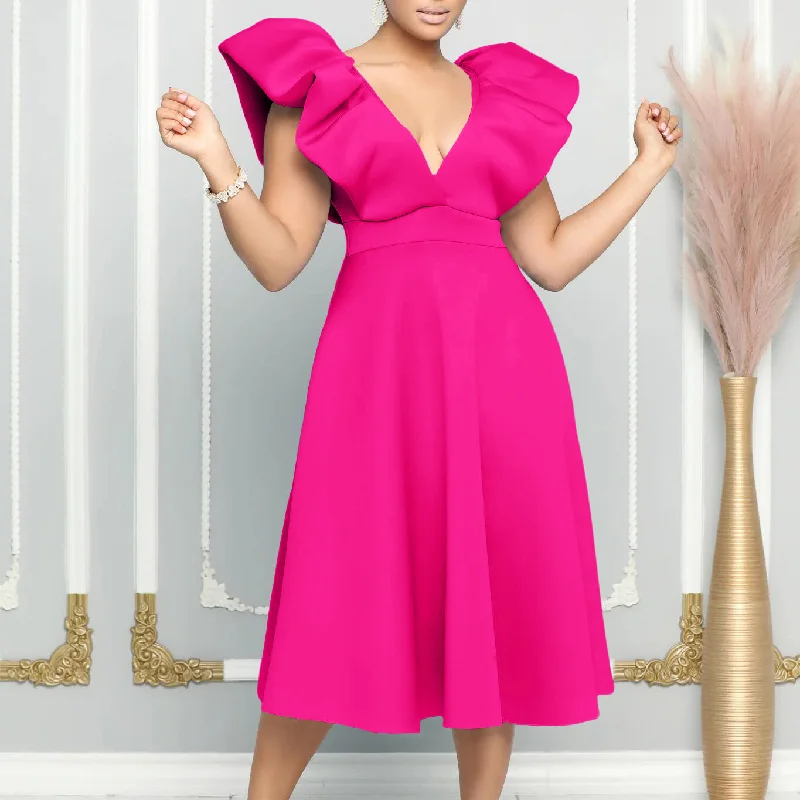 NiDELL D383 Independent Station Foreign Trade Women's Clothing . New Deep V-neck Sexy Large Swing Banquet Dress European and American Style Dress