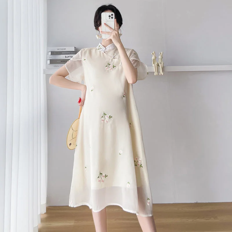 NiDELL New Loose Slimming Improved Cheongsam for Pregnant Women High-Grade Embroidered Trendy Mom Mid-Length Dress for Pregnant Women