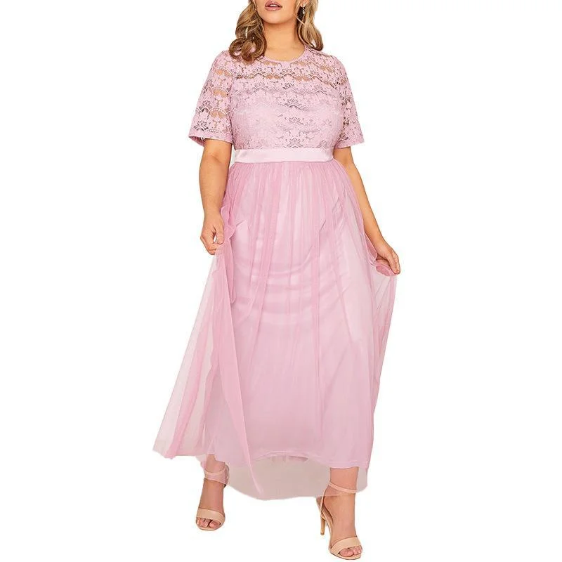 NiDELL . Spring and Summer New European and American Fashion plus Size Women Lace Stitching Elegant Sweet Princess Style Dress