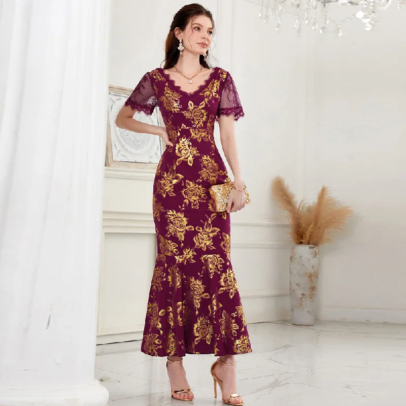 NiDELL Zty-21538 European and American Women's Clothing . Summer New Fashion V-neck Hip Fishtail Dress in Stock NiDELL Zty-21538 European and American Women's Clothing . Summer New Fashion V-neck Hip Fishtail Dress in Stock