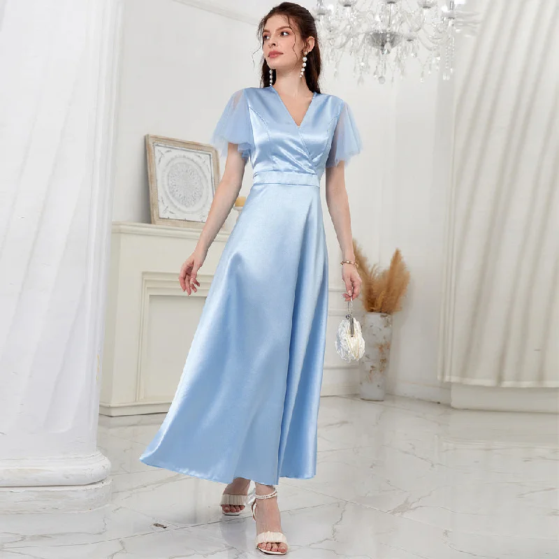 NiDELL Zty-21543 European and American Women's Clothing . Summer New Satin Satin Satin V-neck Mesh Stitching Sleeves a Dress in Stock NiDELL Zty-21543 European and American Women's Clothing . Summer New Satin Satin Satin V-neck Mesh Stitching Sleeves a Dress in Stock