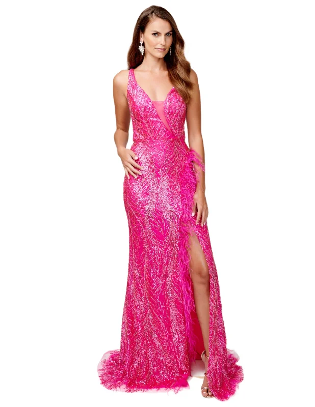 Nina Canacci 9158 Size 2,4 Flamingo Beaded Feather Formal Dress Backless Corset Slit Formal Gown Sheer Nina Canacci 9158 Size 2,4 Flamingo Beaded Feather Formal Dress Backless Corset Slit Formal Gown Sheer