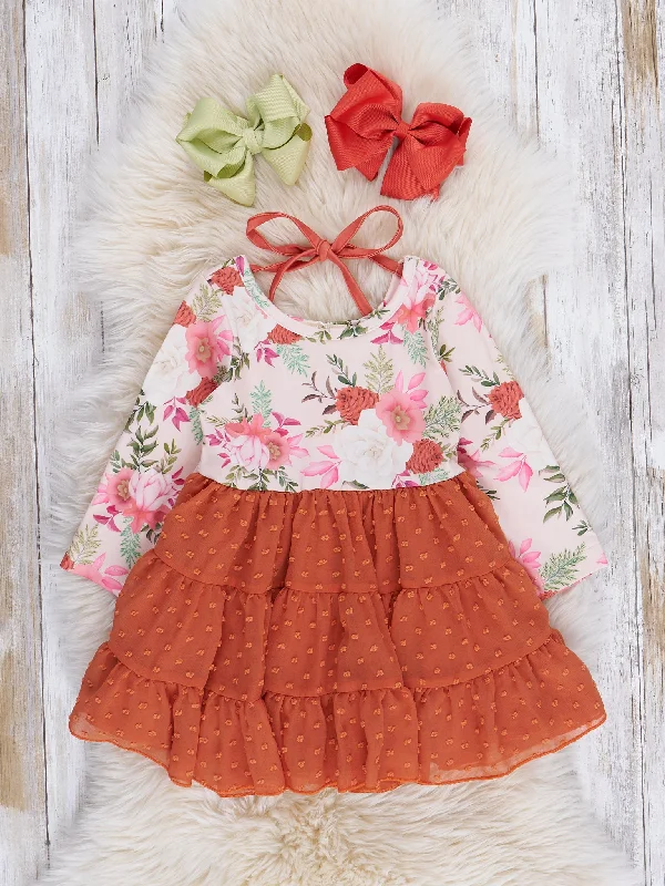 Orange Blooms Tiered Swiss Dot Dress