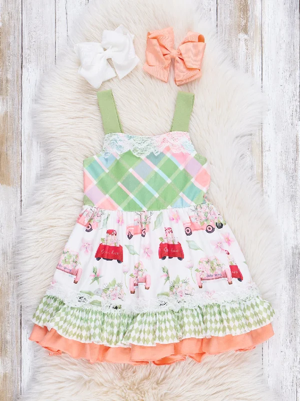 Orange & Green Plaid Truck Ruffle Dress