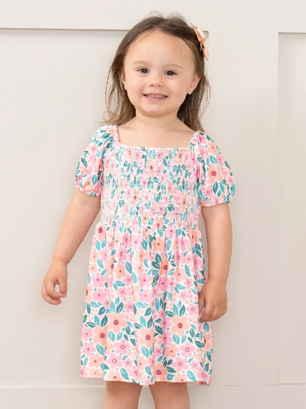 Peach & Pink Blooms Smocked Ruffle Dress