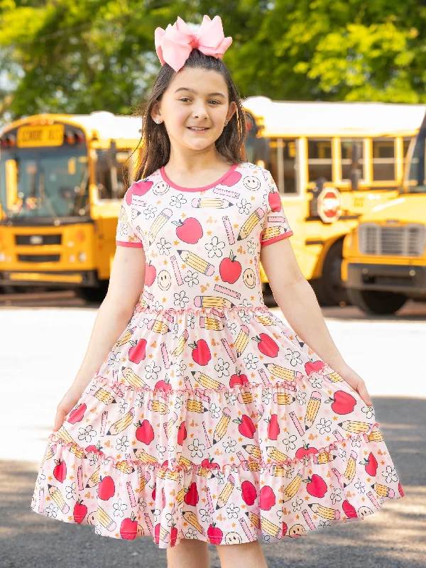 Pink Apples & Pencils Tiered Ruffle Dress