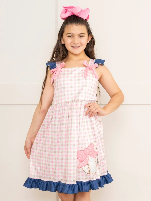 Pink & Navy Gingham Embroidered Baseball Ruffle Dress