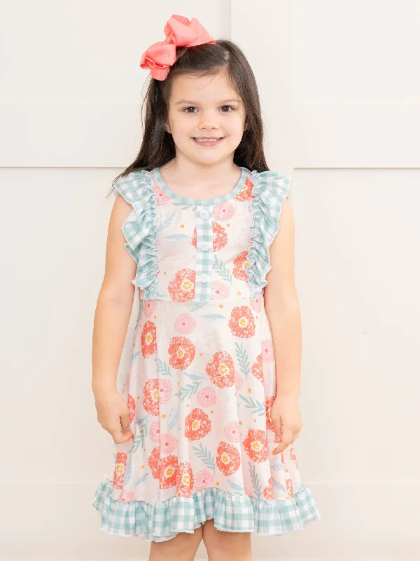 Pink & Teal Gingham Blooms Ruffle Dress