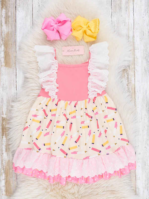 Pink & Yellow Pencils Lace Ruffle Dress