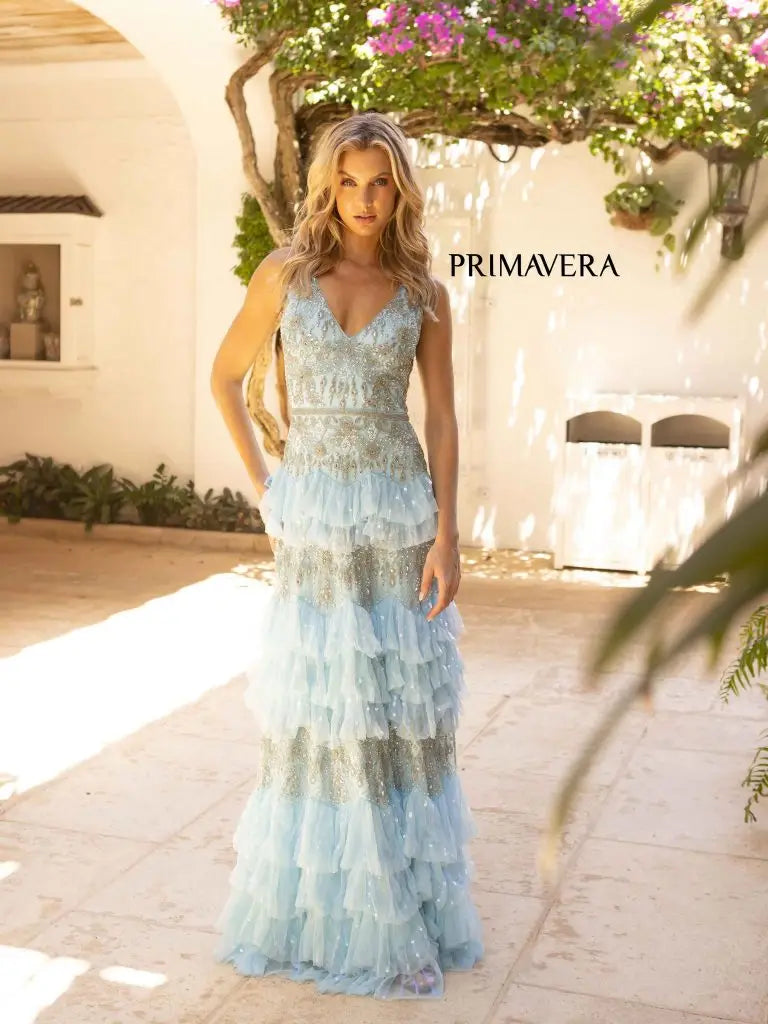 Primavera Couture 12052 Size 10 Powder Blue Long Sequin Tulle Ruffle A Line Beaded Prom Dress Formal Gown Primavera Couture 12052 Size 10 Powder Blue Long Sequin Tulle Ruffle A Line Beaded Prom Dress Formal Gown
