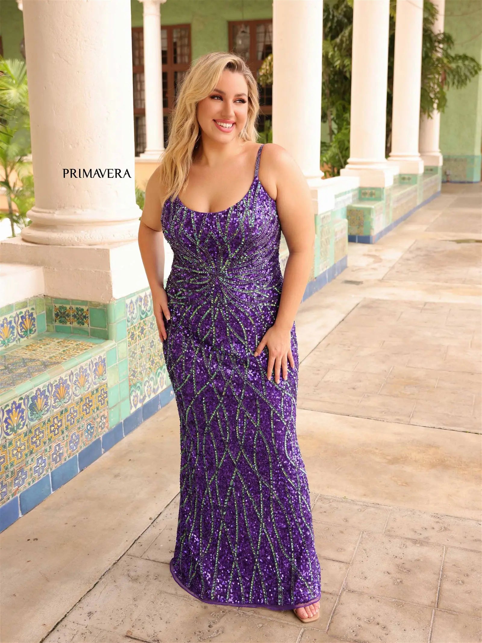 Primavera Couture 14045 Size 22W Purple Plus Size Sequin Prom Dress Backless Corset Scoop Neck Gown Primavera Couture 14045 Size 22W Purple Plus Size Sequin Prom Dress Backless Corset Scoop Neck Gown