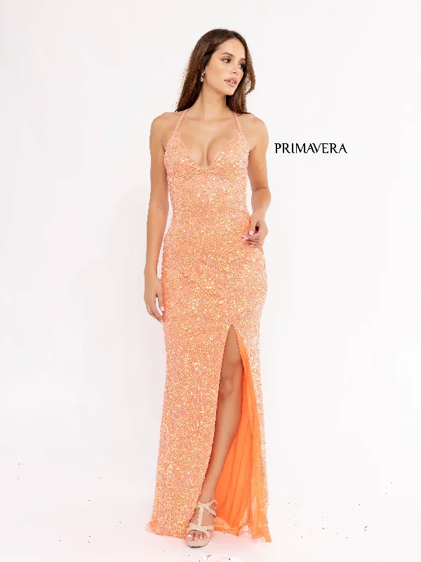 Primavera Couture 3295 Size 0 & 6 Neon Coral Prom Dress V Neckline Sequins Backless Slit Formal Evening Gown