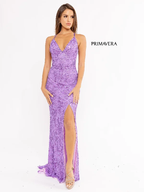Primavera Couture 3295 Size 2 Neon Lilac Prom Dress V Neckline Sequins Backless Slit Formal Evening Gown Primavera Couture 3295 Size 2 Neon Lilac Prom Dress V Neckline Sequins Backless Slit Formal Evening Gown