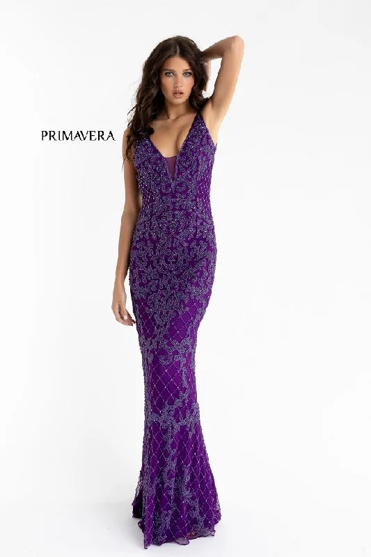 Primavera Couture 3433 Size 12 Purple Long v neckline sequin prom dress embellished straight skirt Primavera Couture 3433 Size 12 Purple Long v neckline sequin prom dress embellished straight skirt
