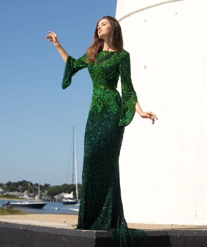 Primavera Couture 3680 Evening Gown Size 12 Forrest Green bateau neckline sheer bell sleeves beaded dress Primavera Couture 3680 Evening Gown Size 12 Forrest Green bateau neckline sheer bell sleeves beaded dress