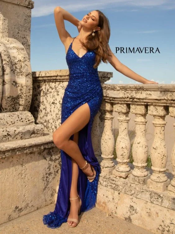 Primavera Couture 3791 Size 12 Royal Prom Dress V Neckline Sequins Lace Up Tie Back Side Slit Primavera Couture 3791 Size 12 Royal Prom Dress V Neckline Sequins Lace Up Tie Back Side Slit
