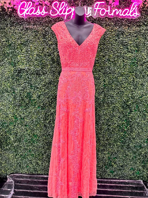 Primavera Couture 3794 Size 2 Neon Coral Sequined Evening Gown Cap Sleeves Prom Dress Mid Back Primavera Couture 3794 Size 2 Neon Coral Sequined Evening Gown Cap Sleeves Prom Dress Mid Back