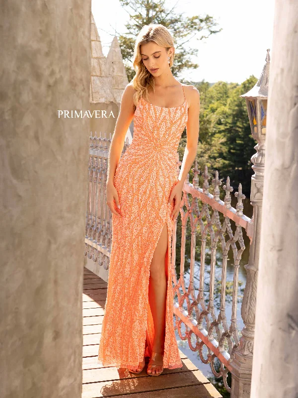 Primavera Couture 3959 Size 2, 10 Coral Sequined Prom Dress slit scoop neck formal gown Primavera Couture 3959 Size 2, 10 Coral Sequined Prom Dress slit scoop neck formal gown